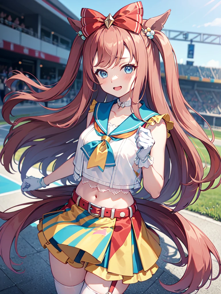 agnes digital \(umamusume\), single thighhighs, sleeveless, single glove, garter straps, white gloves, crop top, frills, sailor collar, multicolored skirt, multicolored clothes, layered skirt, red belt, white shirt, race track