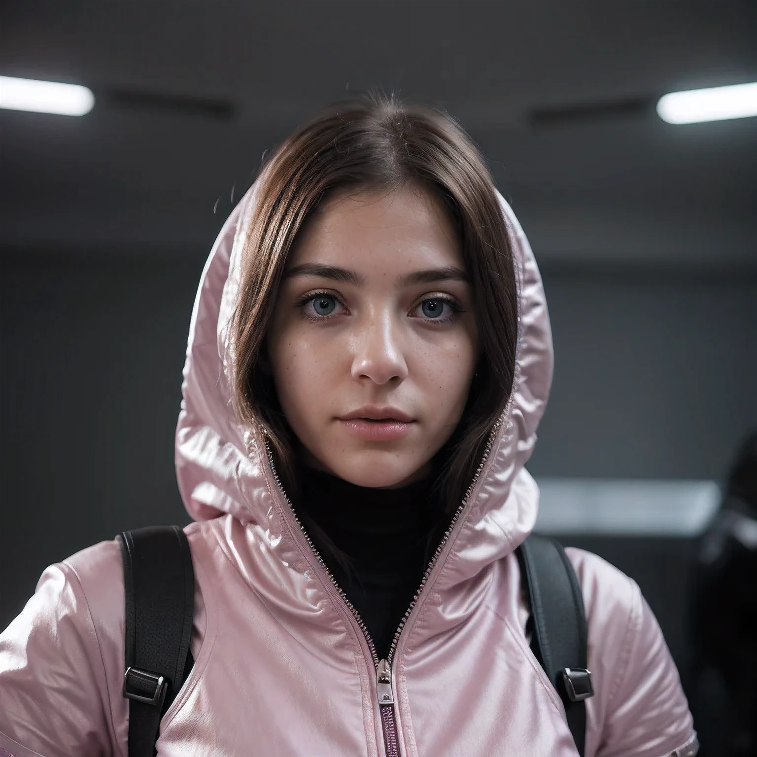 Photo of a college student, Purple Pink, Futuristic space suit, (freckle:0.8) Cute face, Science Fiction, Dystopia, Delicate eyes, Green pupils（（side view））