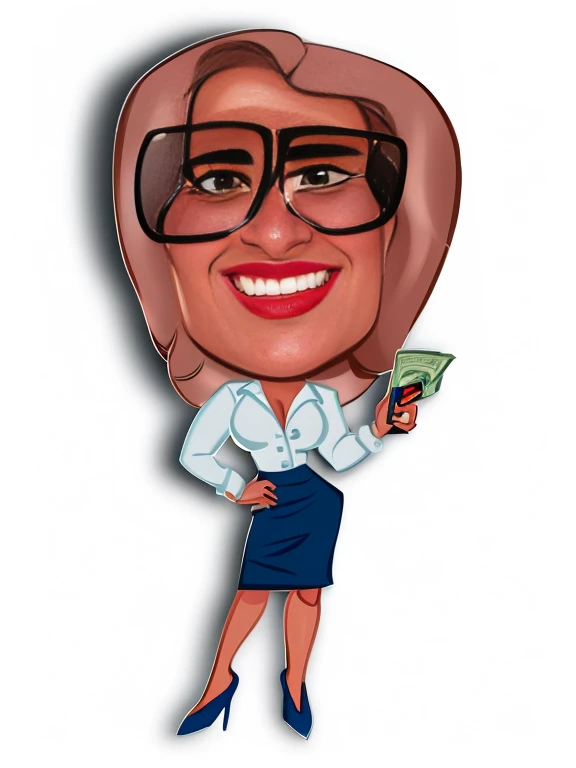 cartoon woman with glasses holding a money and a cell phone, caricature style, caricature illustration, caricature, Cartoon portrait, caricature!!!, caricature, in cartoon style, half portrait, official illustration, caricature, full - length portrait, Deborah, Cartoon image, Estilo de clipart de Harry Volk, cartoon rendering, avatar for website, full body and head shot, professional illustration