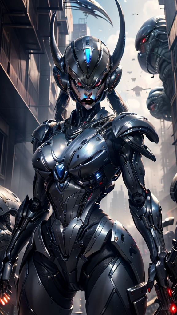 (best quality, 8K, masterpiece: 1.2), Extremely detailed, (Surreal, Reality: 1.37), 1 个女孩Extremely detailed的脸, Beautiful red eyes ultra 4k detailed huge breasts very sexy soldier use ((gun)) In the background, White robot girl, Cyberpunk anime mecha girl, Wearing sci-fi military armor, Beautiful black robot girl, Robot-Silver Girl, Black Fela, Echoes Overwatch, Anime perfect women, Blue pupils, Five fingers, (((In battle, Alien Planet, alien war,)))