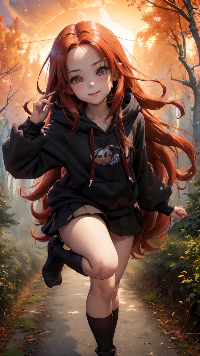 Young girl, (8 years old), (little body, small height), (petite girl: 1.35), (adorable face), (big forehead: 1.2), she has a long flowing hair, (red hair: 1.35), (long hair: 1.35), asian features, (brown eyes: 1.35), brown light eyes, (white skin: 1.35), beautiful detailed eyes, cute young girl, (flat chest: 1.35), (((wearing black skirt, a baggy black hoddie and Over-the-knee socks))), high quality clothes, clothes, high resolution, (detailed clothes), (loose hoddie: 1.35), (autumn forest, sunset, warm light background))), cute, daring girl, (detailed background), (full detailed 8k), (perfectly detailed face), (enhance anatomy), vfx, highres, sharp, focus, (photorealistic artwork: 1.35), (extremely detailed CG unity 8k wallpaper), (((vibrant colors, vibrant theme))), (dynamic pose: 1.5), cool vibes, fashion girl, happy, flirting expression, coquette, (playful attitude), smiling, happy, adorable small gir