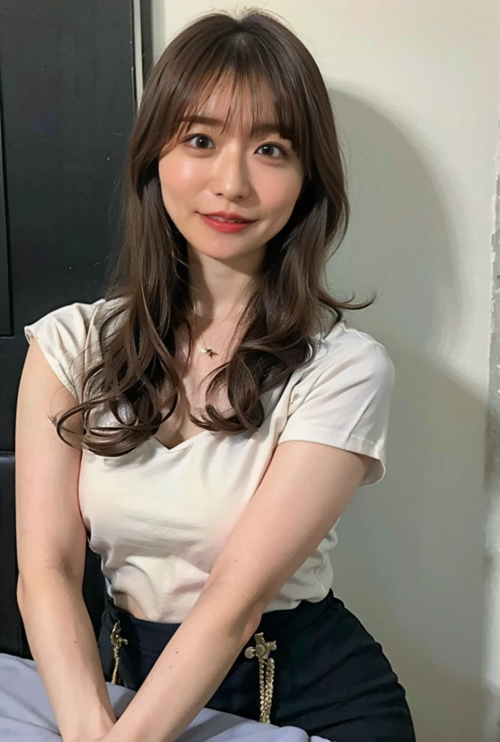 ((Droopy eyes、Are standing、Medium Hair、服の上からでもわかるBig Breasts、Both hands are in front of the navel、A photo showing pants through a short polo shirt、roll up one&#39;s shirt with one&#39;s hands、She is wearing a white polo shirt and luxurious white panties.、:1.4))、In the living room、Cream hair color、Her huge breasts are obvious even through her clothes....、Small earrings、Light brown hair color、:1.4））、Shiny Hair、Light beige hair color、Background Blur、Light brown hair、｛｛Cowgirl Shot｝｝、（（Close-up shot from the waist up、Big Breasts:1.4））、Big Breasts、にっこりsmile、服からでも分かるBig Breasts、Cowboy Shot、素敵なsmile、（（Revealing clothing））、Full body photo、ring、Tuck your hair behind one ear、Silver Necklace、smile、Caustics、Highly detailed photos、Big Breasts、Super no makeup、(8K、RAW Photos、Highest quality、masterpiece:1.2)、(Realistic、Realistic)、1 Girl、((Big Breastsショートヘア、Looking into the camera:1.4))、Hair blowing in the wind
