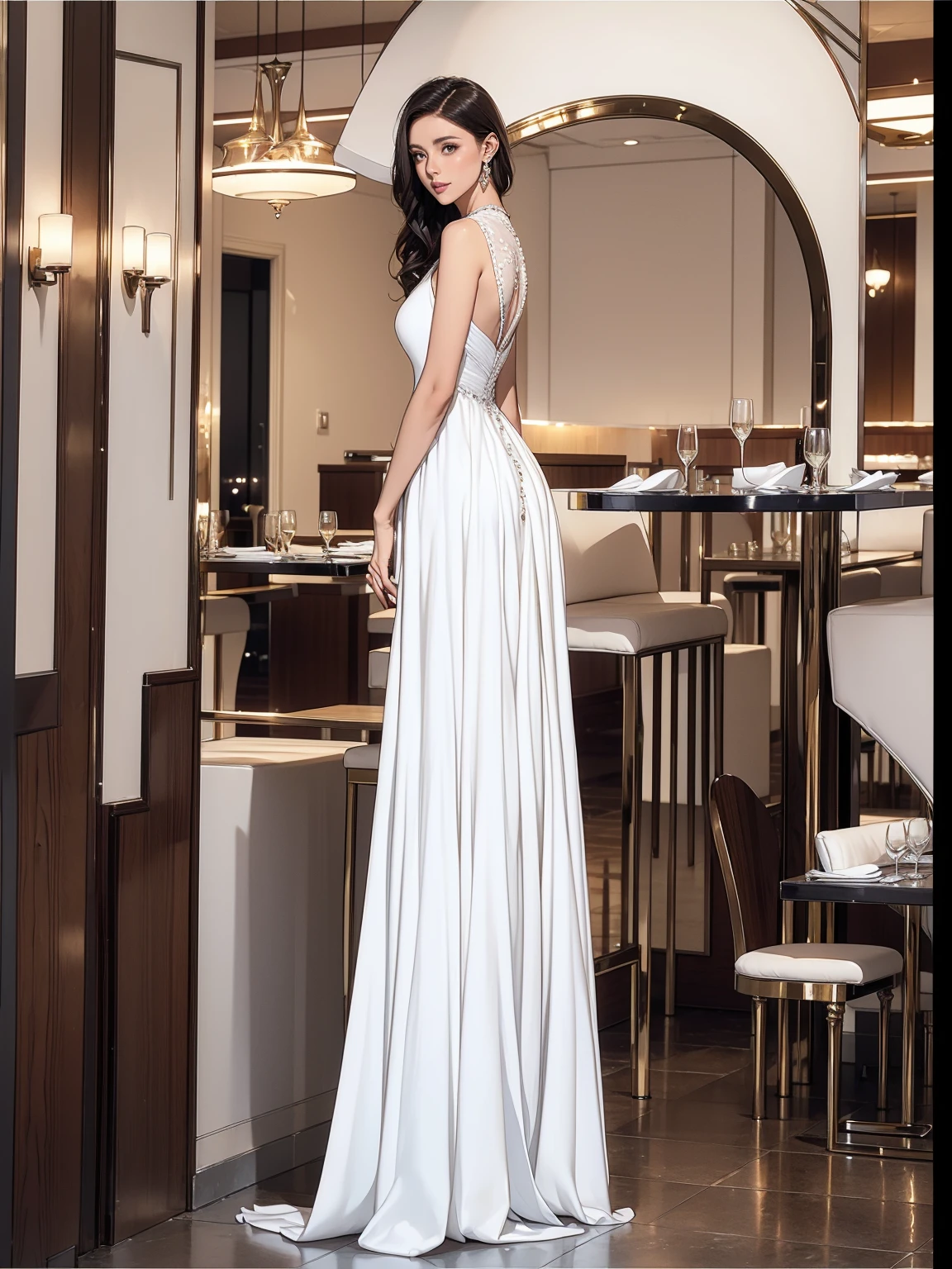 araffe woman in a white dress standing in a restaurant, white gown, sexy gown, long white dress, wearing long gown, full body white dress, in a long white dress, wearing white dress, elegant white dress, wearing a white flowing dress, wearing an evening gown, wearing an elegant dress, beautiful long white dress, wearing along white dress
