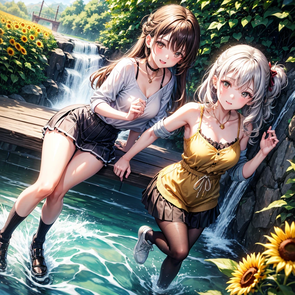 Red, brown, gold, gold hair、Golden Eyes、Hair tied up、One good looking girl、solo、anime、Checkered mini skirt、Ruffles on the skirt、camisole、Lightweight cardigan、Black knee-high socks、Wearing a baseball cap、Ribbon、Ribbon on waist、Teeth are visible、Silver coin necklace、From above、Sunflower Tunnel、Cobblestones、waterfall、Clear Stream、Have sunflowers、Midnight Moon、Winding Road、Unlocking、suspension bridge、Flying soap bubbles