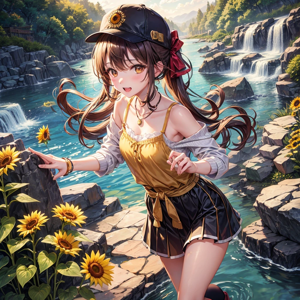Red, brown, gold, gold hair、Golden Eyes、Hair tied up、One good looking girl、solo、anime、Checkered mini skirt、Ruffles on the skirt、camisole、Lightweight cardigan、Black knee-high socks、Wearing a baseball cap、Ribbon、Ribbon on waist、Teeth are visible、Silver coin necklace、From above、Sunflower Tunnel、Cobblestones、waterfall、Clear Stream、Have sunflowers、Midnight Moon、Winding Road、Unlocking、suspension bridge、Flying soap bubbles