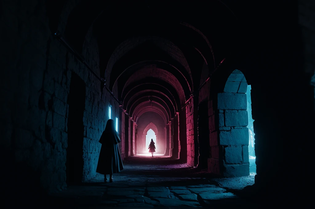 small cloaked girl explores dungeon, from behind, back shot, dark stone passage, fantasy dungeon, dim pink and blue lighting, white slime, mist, low contrast, dark, chains, stonework, enclosed passage, lurking creatures in the darkness