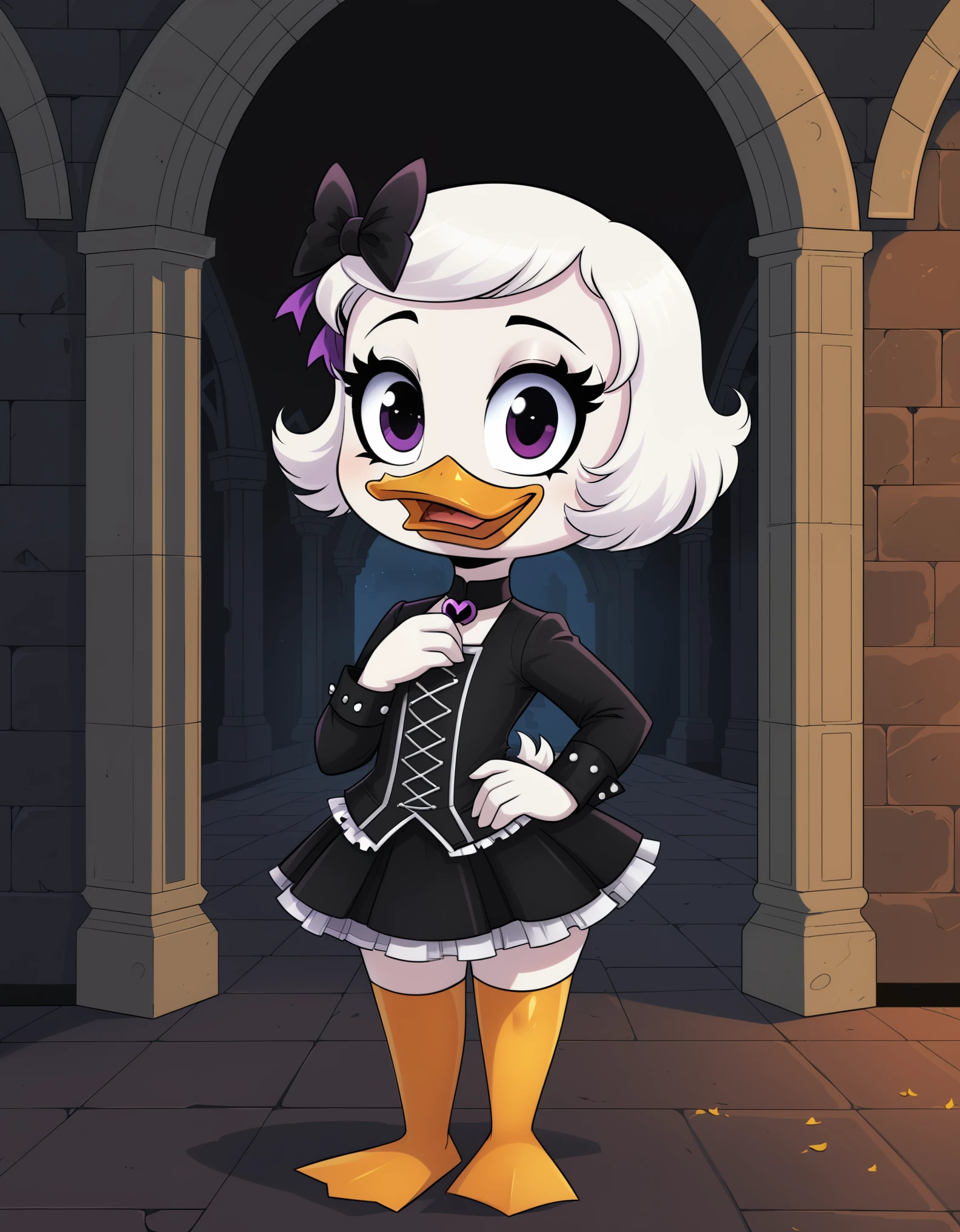 score_9, score_8_up, score_7_up, (webby vanderquack:1.3), is a (((cute))) goth duck living in a gothic castle who is so cute that you just want to squish her, hd, gothicstyle, White hair, solo