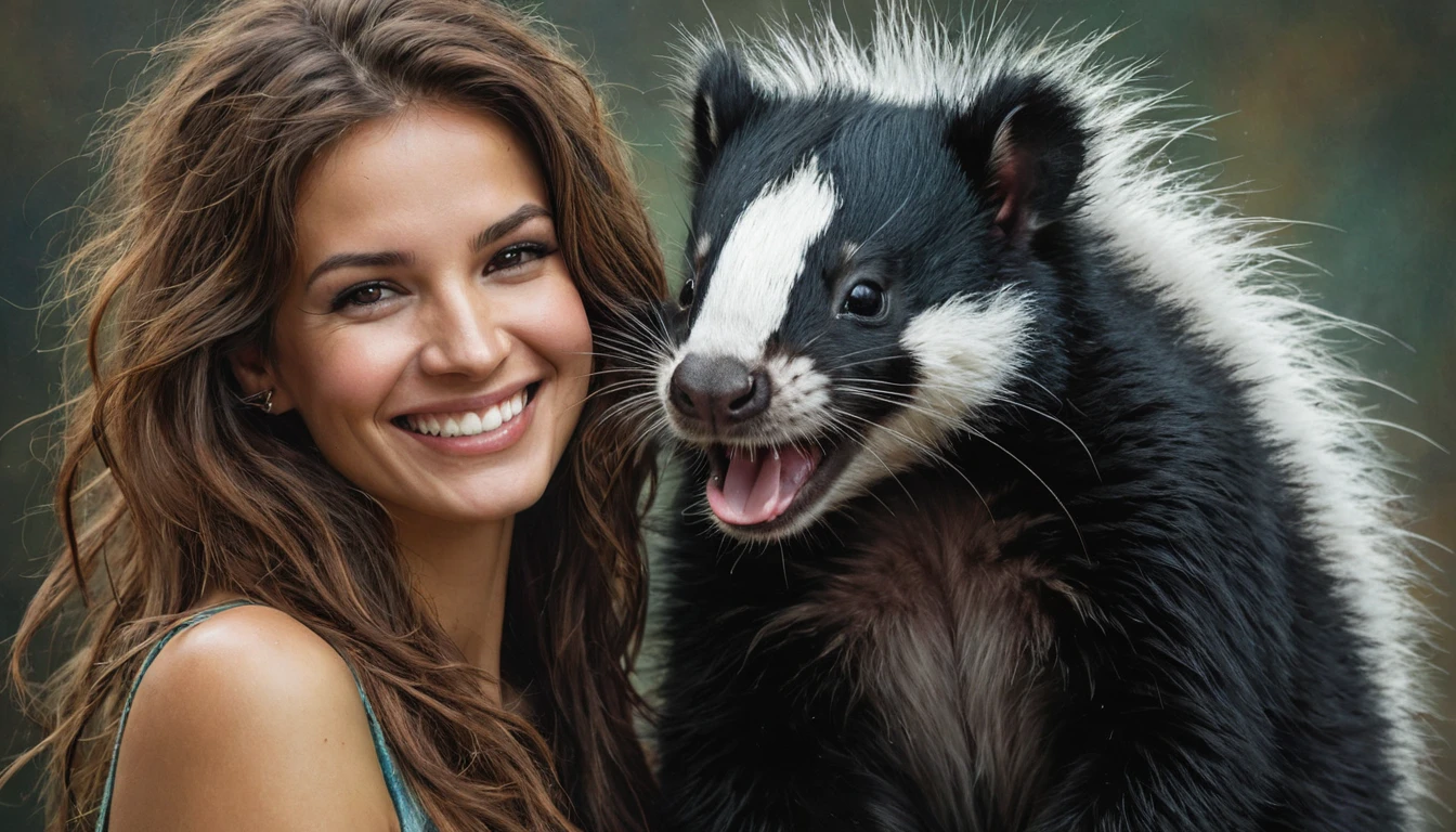half body,
a woman smile with her best friend her skunk,
dark complex background, style by Thomas Kinkade+David A. Hardy+Carne Griffiths+Mandy Disher half vivid colors fine art, best quality, high detailed, detailed faces, 2d,