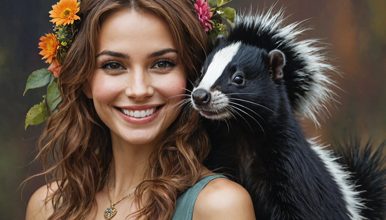 half body,
a woman smile with her best friend her skunk,
dark complex background, style by Thomas Kinkade+David A. Hardy+Carne Griffiths+Mandy Disher half vivid colors fine art, best quality, high detailed, detailed faces, 2d,