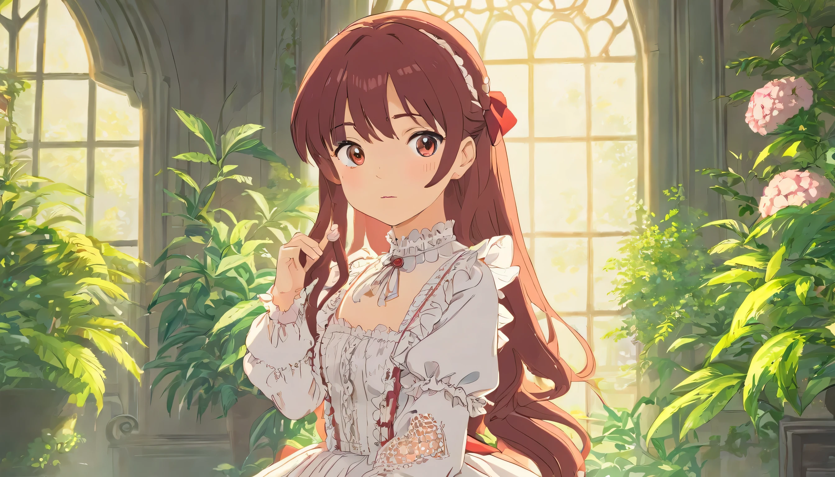 1girl,frill gothic ta, dress, (lace:1.4),dynamic pose,(face close up:0.9),indoors,plants,