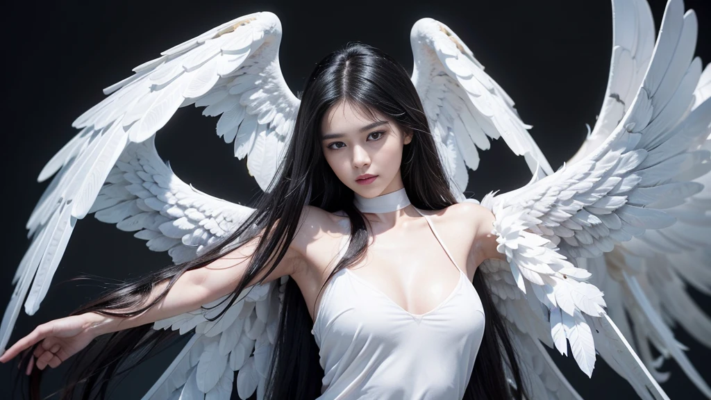 (Realistic picture, highest resolution, 16K), She has a beautiful face., Emphasize a beautiful face, Front photo, ((On her back are 12 wings.:1.5), (6 white wings:1.5) and (6 black wings:1.5)), ((On her back are 12 wings..:1.5), (12 white wings:1.5) and (12 black wings:1.5)), (have many wings, wings separated, There are 12 wings on her shoulders.:1.4, เทพเจ้าที่มีปีกกว้างandมีพลังมหาศาลอยู่บนไหล่ของเขา, Add dynamic wings), (12 wings on shoulders:1.6), (Beautiful girl with two meter long hair, striking long hair, Beauty that comes from long hair, long black hair), (Smooth white skin, Smooth white skin, Smooth white skin), (Lips are very red..,), ((stand, That&#39;s finished.)), (big breasts, big breast, The breasts are soft and fluffy., Plump breasts, A gigantic rift, big breast), (thin body, Flat stomach, small waist, hips raised, small thighs, Long legs), (Dynamic posts), (Women who are 172 centimeters tall), (perfect proportions, Anatomically correct, proportional anatomy), (full body, เหมือนfull body, See the whole body.., Visible in every part of the body), (Wear a sexy leather outfit., tight, Focus on body proportions), (standเขย่งเท้า, Float in the air), (powerful wings, powerful wings 12 ปีก:1.6, gigantic wings), (scene, ความdark, ในที่dark, deep shadow, dynamic light, Take realistic photos, background, dark, at night), The magic circle is behind.., จักรวาลที่darkมิด, Wings that shine by themselves