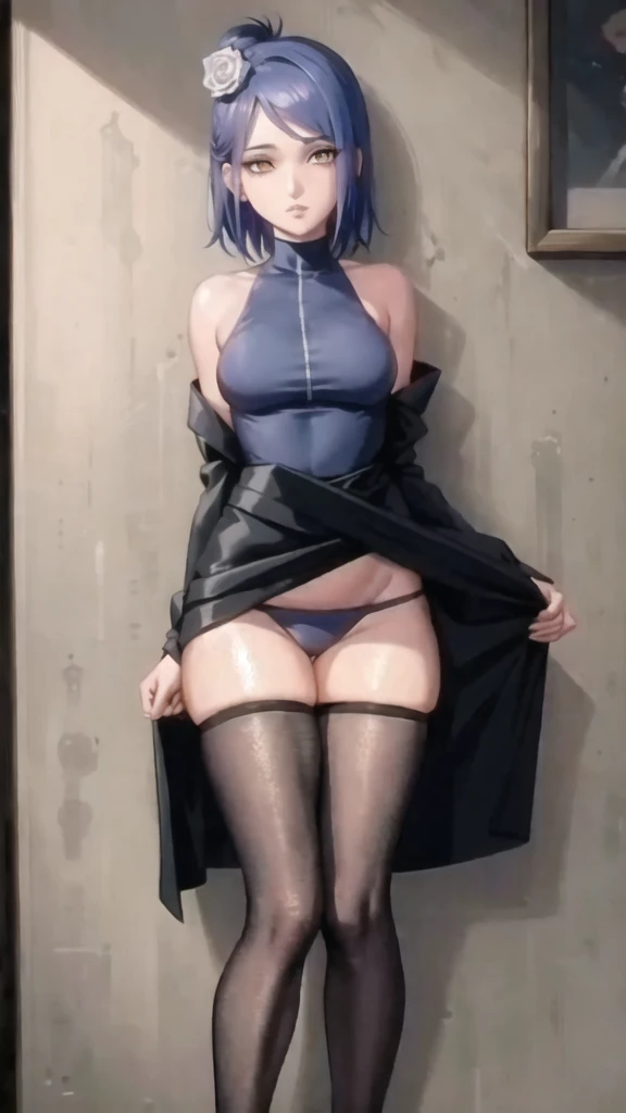 Do it with a miniskirt and a top, She has black thigh-high stockings and this thigh-high and she has nothing on her feet.