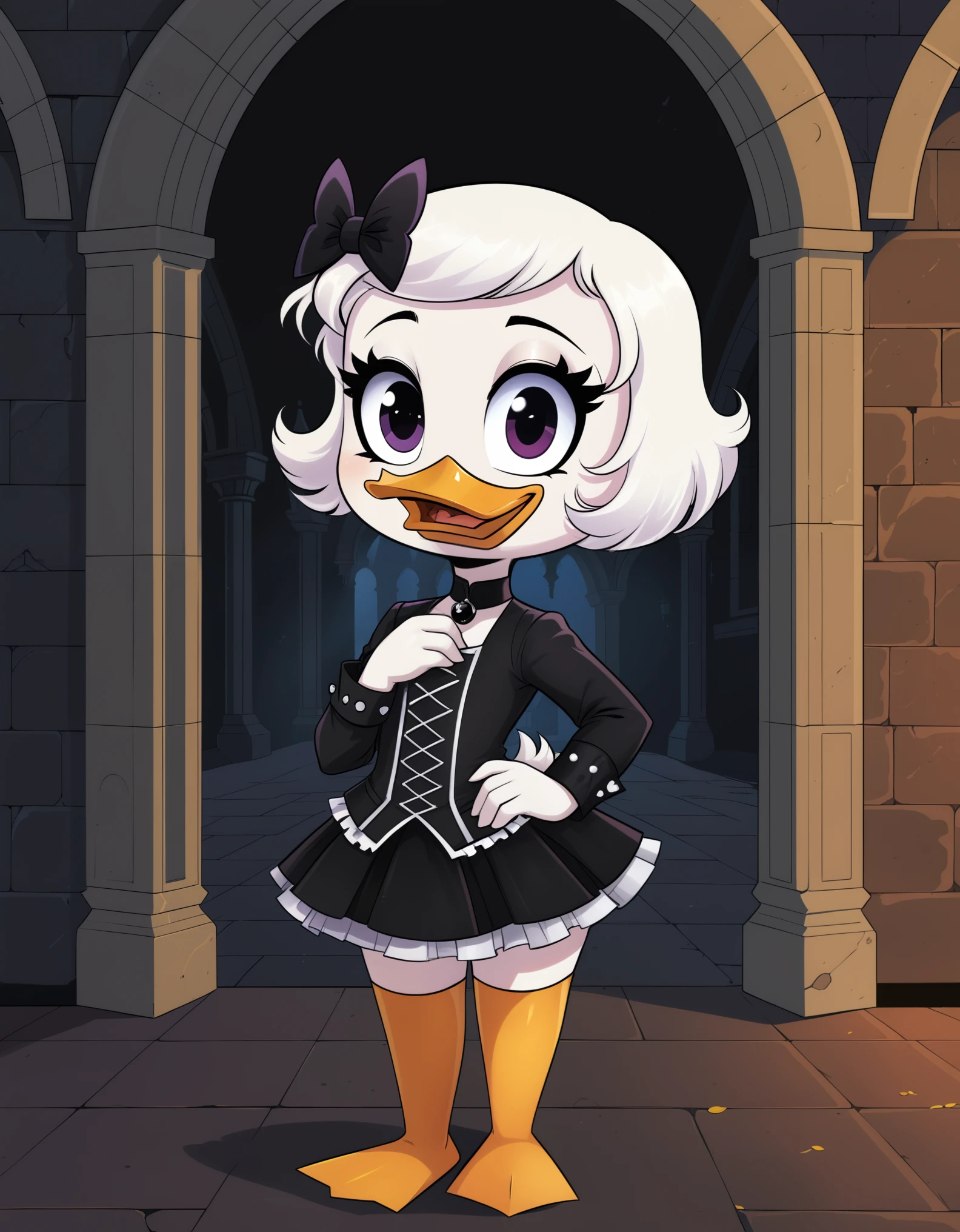 score_9, score_8_up, score_7_up, (webby vanderquack:1.3), is a (((cute))) goth duck living in a gothic castle who is so cute that you just want to squish her, hd, gothicstyle, White hair, solo