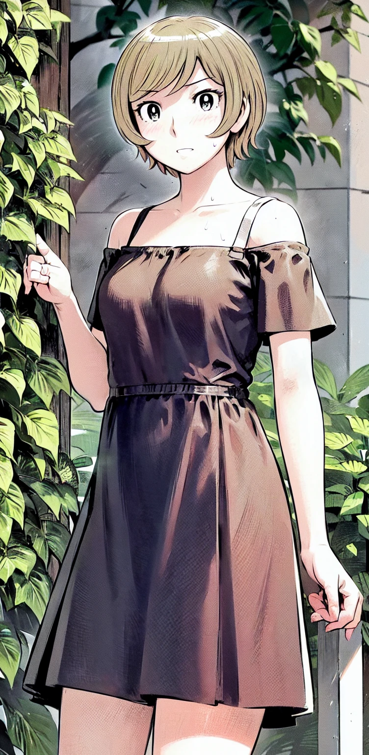 、(masterpiece、Highest quality)、Highest quality, Ultra-high resolution, (((masterpiece))), alone, Sweat、Big eyes,Show Viewer, 
blonde,(short hair:1.2), (Highest quality:1.3),One Girl,Private Server、Floral dress、nature、Off the shoulder、Embarrassed face