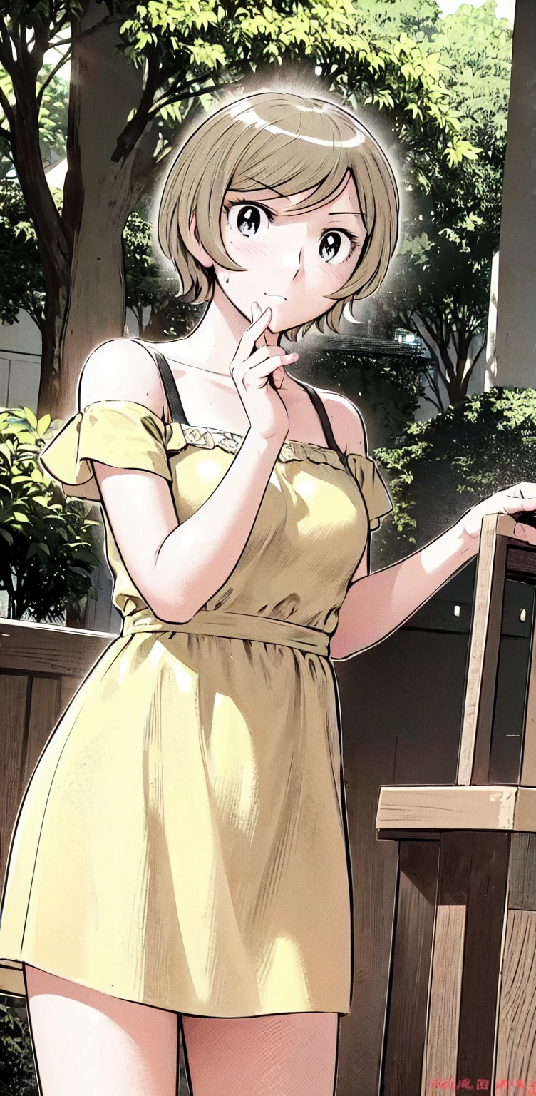 、(masterpiece、Highest quality)、Highest quality, Ultra-high resolution, (((masterpiece))), alone, Sweat、Big eyes,Show Viewer,
blonde,(short hair:1.2), (Highest quality:1.3),One Girl,Private Server、Floral dress、nature、Off the shoulder、Embarrassed face