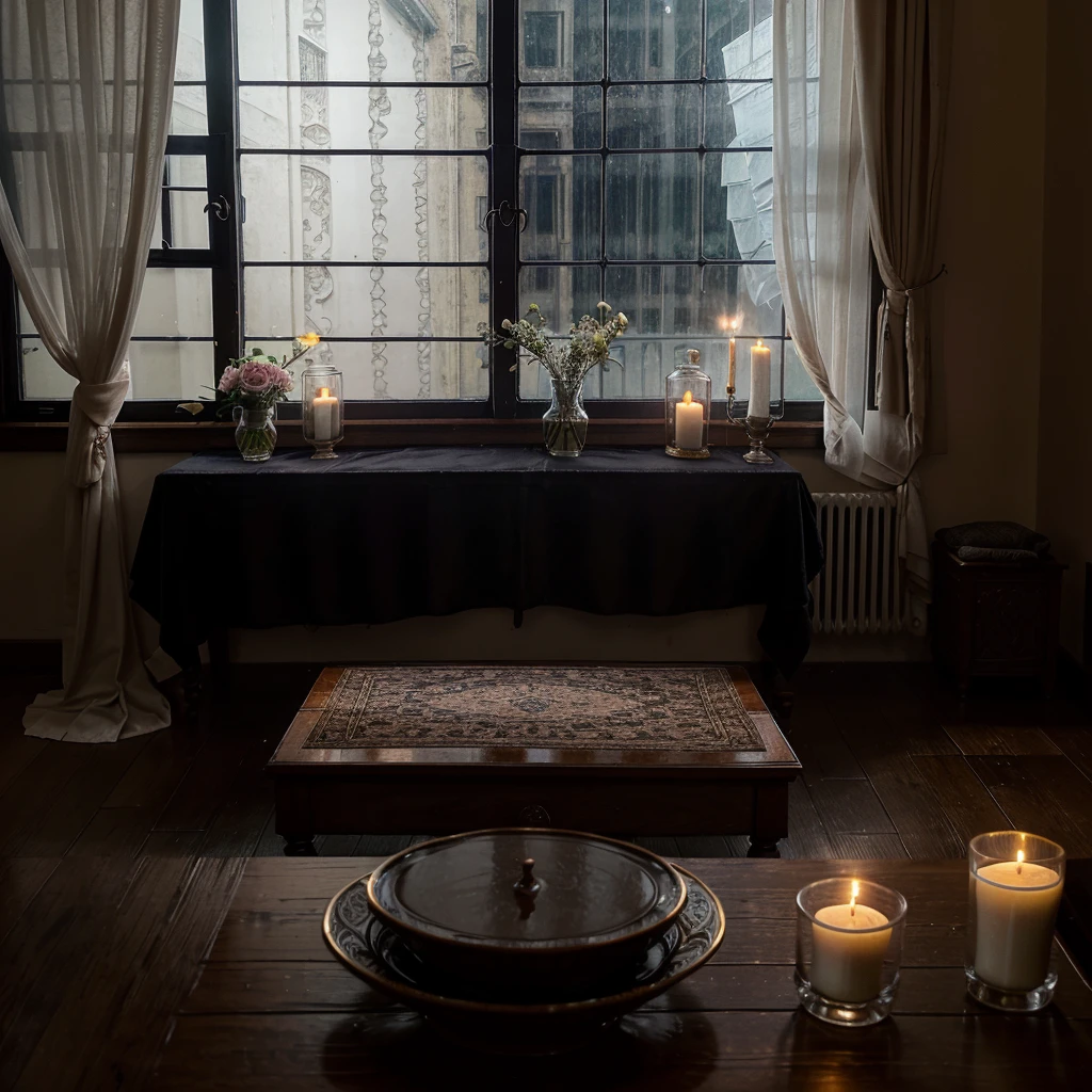 In the middle of the night, rain and lightning, a large window,in the Victorian room, a room full of candles on the table, the tables were set, brown tea balloon、lots of flowers、tea cup on the table、velvet curtain、black sticky rice