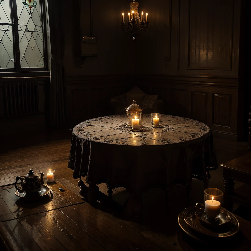 In the middle of the night, rain and lightning, a large window，in the Victorian room, a room full of candles on the table, the tables were set, brown tea balloon、lots of flowers、tea cup on the table、velvet curtain、black sticky rice