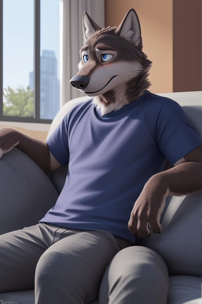 Larry (Zveropolis), wolf, Gray Fur, (brown body:1.3), Blue eyes, Zveropolis, dressed, t-shirt, pants,women's sandals толстой подошве,canine, wolf, detailed fur, male, antro, paw pads, finger claws, waving, waving at viewer, 5 fingers, paws, 4 toes,women's sandals,
BREAK from nextel, for dating, by xenoforge, (difficult, high detail, film photography, soft focus, RAW explicit cinema,sitting on the couch at home, apartment, photorealism cheat, realistic, photorealistic, digital style, Subsurface scattering,
masterpiece, Best quality, ultra realistic, 8 k)