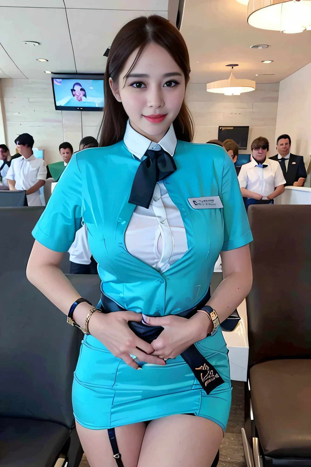 (best quality,4k,highres),ultra-detailed,realistic,cosplay, stewardess uniform, in the airport, (crowded:1.5), unbutton clothes, unbutton t-shirt, mini skirt, skirt lift up, open legs,beautiful woman,(big breasts:1.5), show nipples detailed, dark hairy pussy, pubic hair,vivid colors,portrait,soft lighting