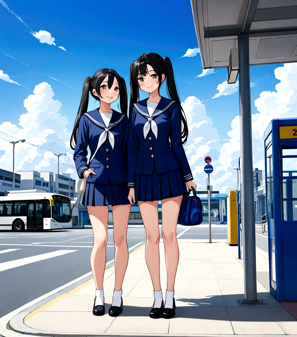 Black long hair、Two beautiful girls with twin tails、Sailor suit、Bright smile、Full Body View、Waiting for a bus at the bus stop、I can see the bus、White clouds in blue sky、Face Highlights