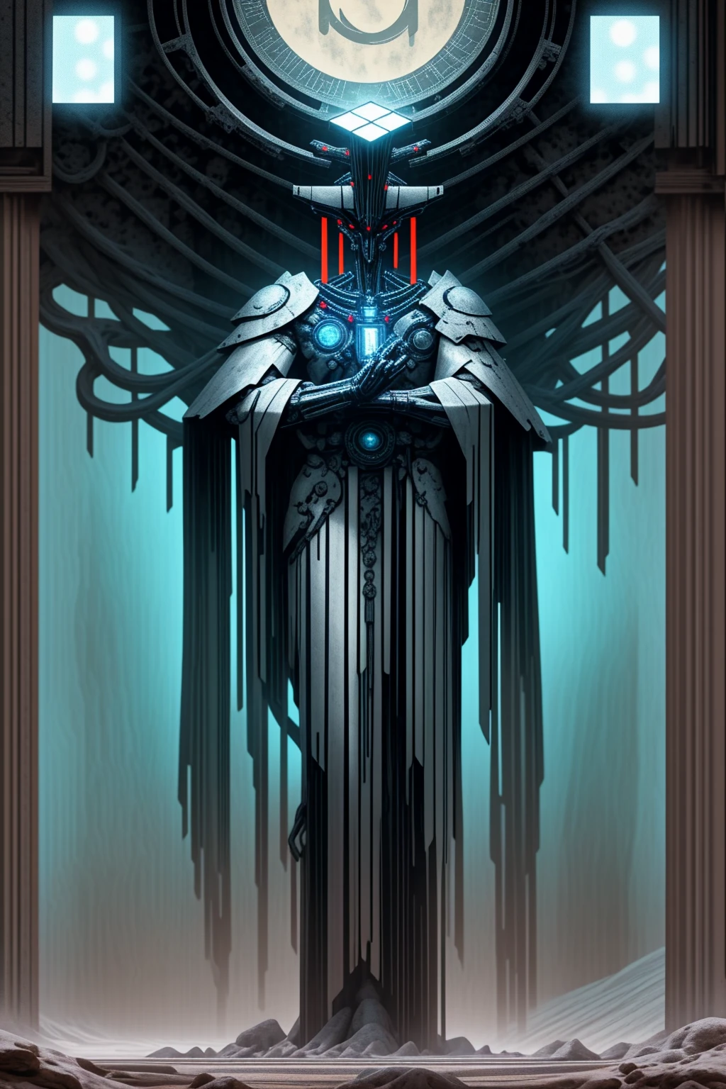 a giant robot torso connected to the ceiling, leaning forward, 6 bright white glowing eyes arranged in a hexagon, smooth metal plating covering the mechanical frame underneath, godly aura, long slender arms resting below,