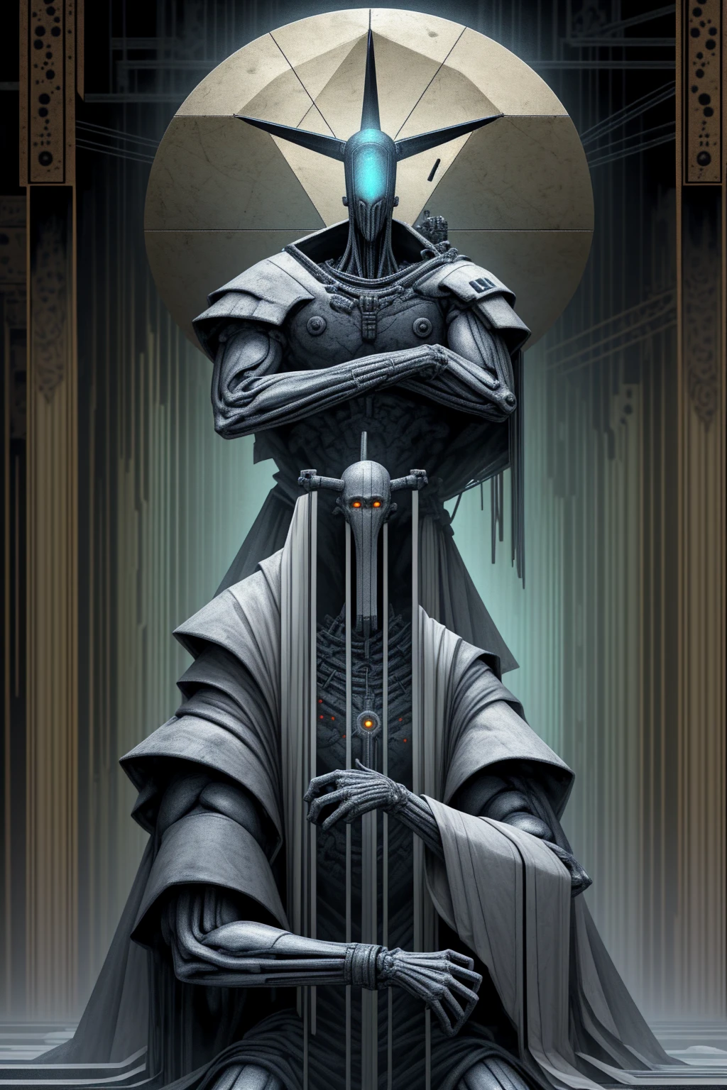 a giant robot torso connected to the ceiling, leaning forward, 6 bright white glowing eyes arranged in a hexagon, smooth metal plating covering the mechanical frame underneath, godly aura, long slender arms resting below,