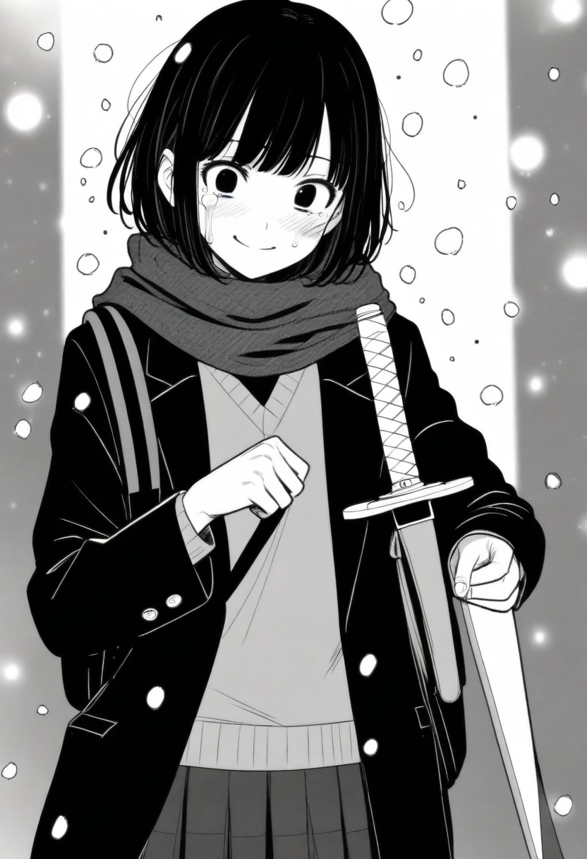 masterpiece, best quality, 1girl, mamerakkkkko, grayscale, manga style, japanese, chi no wadachi, black eyes, street, iced, black hair, schoolbag, smile, lineart, black coat, black scarf, black pleated skirt, leggings, centered, 18 years old, tall, fair skinned, bokeh background, crying, tears, tears streaming, bob cut, light particles, snowing, (((holding sword:1.1, perfect hand, detailed hand:1.1)), emotional anime scene
