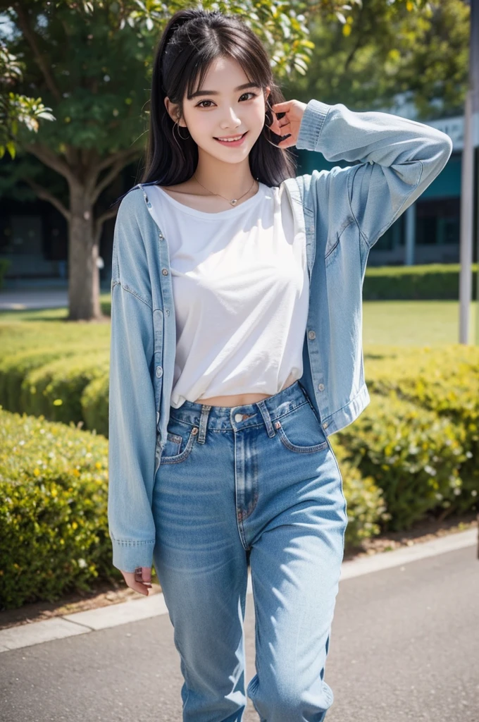 A photo-realistic image of a cute 19-year-old girl smiling brightly while making a cheerful 'See you tomorrow!' pose. The girl has a friendly and warm expression, with sparkling eyes and a natural, happy demeanor. She is wearing casual, trendy clothes suitable for her age, such as a light shirt and jeans. Her hair is blue and styled neatly, with a modern and youthful look. The background is a simple, well-lit outdoor setting, like a park or street, to emphasize the natural and carefree atmosphere.