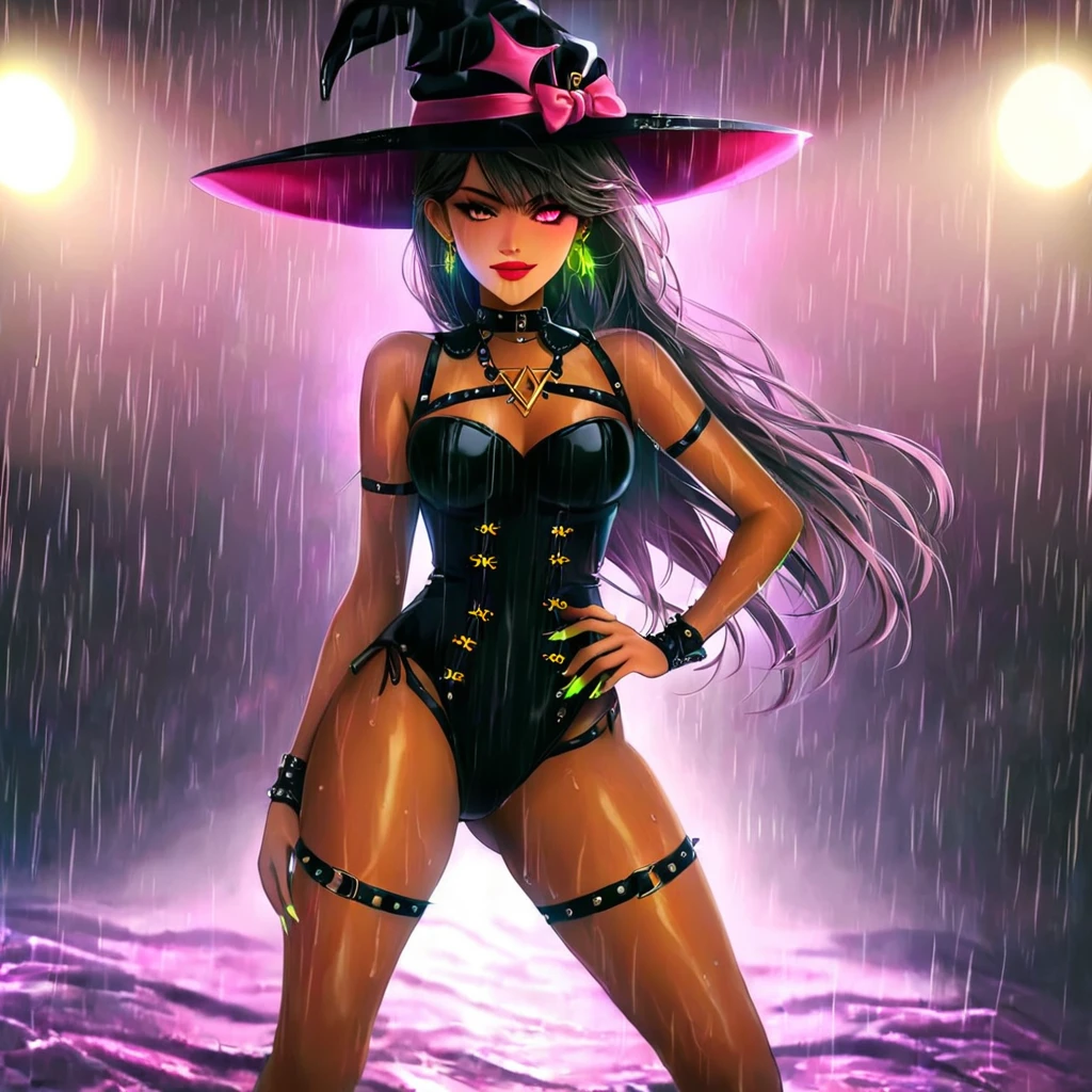 wide shot, charming witch (SelenaGomez), bewitching bedroom eyes, thick lips, seductive smile, tanned tan skinned, vampiress, red lipstick, pink glossy lips, metallic eyeshadow, detailed face, slim body, smoky gaze, long hair, glowing eyes, night, under the rain, neon jewelry, sparkling earrings, wet, wet skin, wet hair, punk, tomboy, gothic lolita, fashion dress