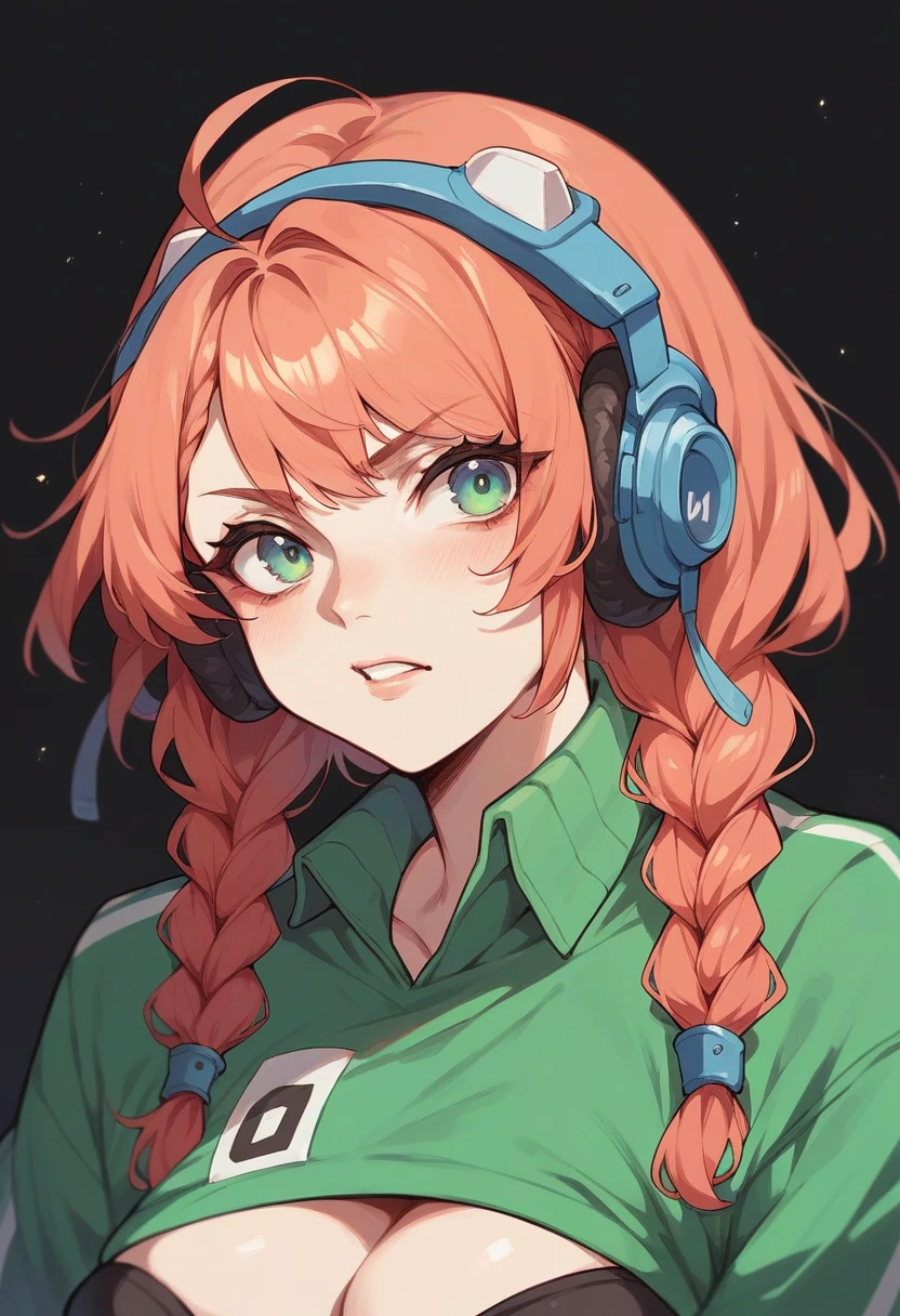 Free fire gamer style female character. With hair with two braids, black and red With green clothes and black, black background