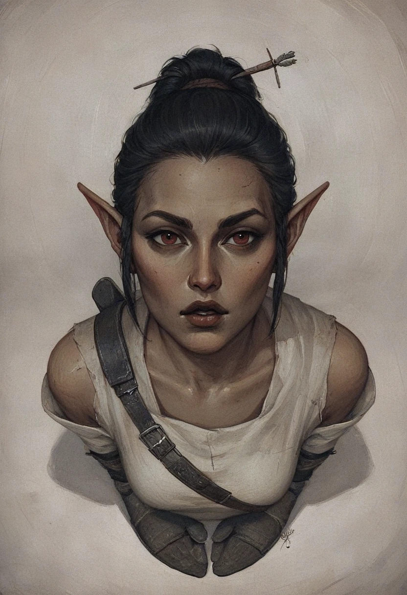 punctuation_9, punctuation_8_High above, punctuation_7_High above, 1 girl, ((Dunmer)), skyrim, Ancient scrolls, dark elf, ((dark gray and ashy skin)), small dark lips, big dark red eyes, naughty, muted, black hair tied into a sleek ponytail, tall and slender, gazing at viewer, conceptual artwork, High aboveper body view, gothic art, oil painting, Traditional media