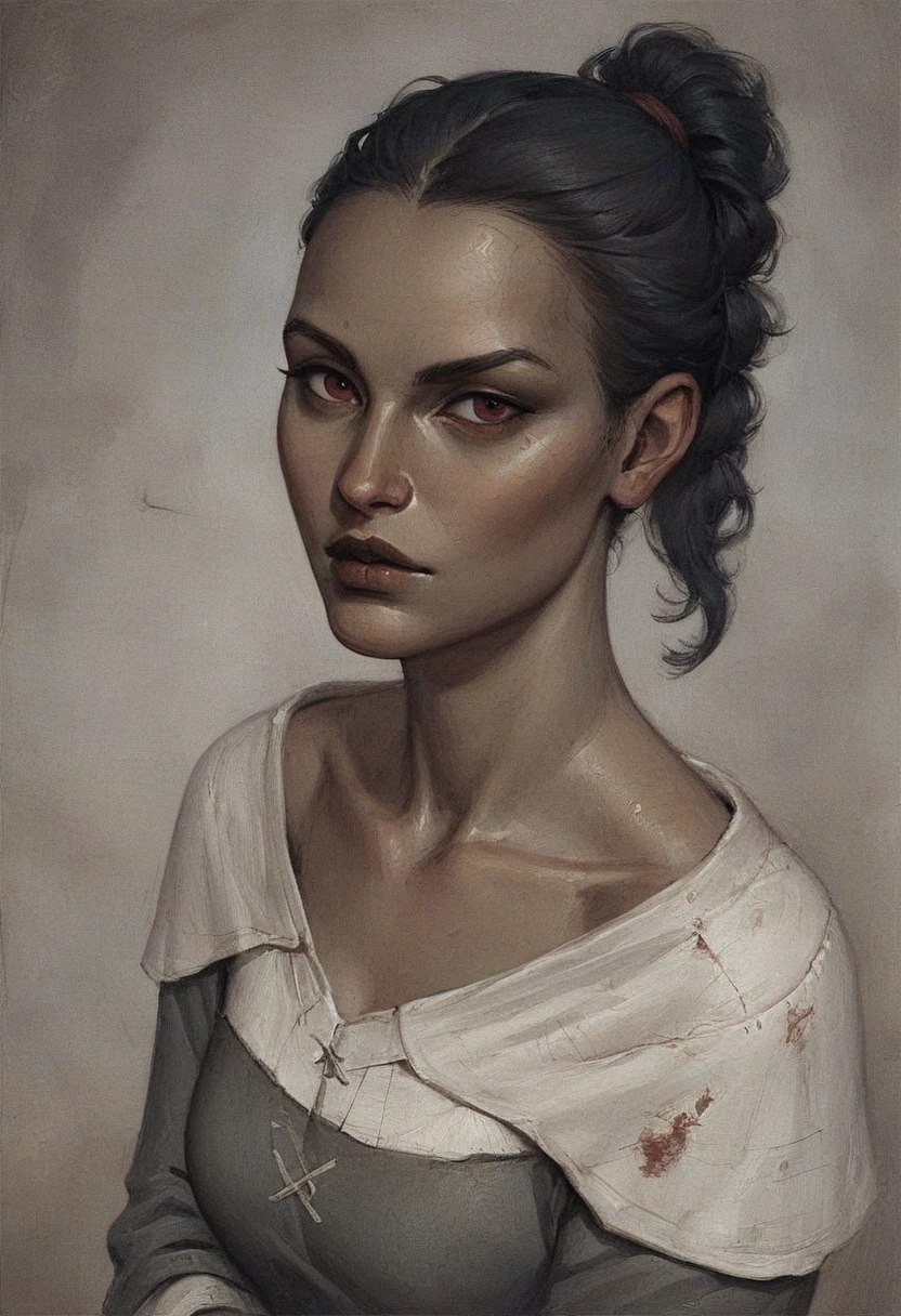 punctuation_9, punctuation_8_High above, punctuation_7_High above, 1 girl, ((Dunmer)), skyrim, Ancient scrolls, dark elf, ((dark gray and ashy skin)), small dark lips, big dark red eyes, naughty, muted, black hair tied into a sleek ponytail, tall and slender, gazing at viewer, conceptual artwork, High aboveper body view, gothic art, oil painting, Traditional media