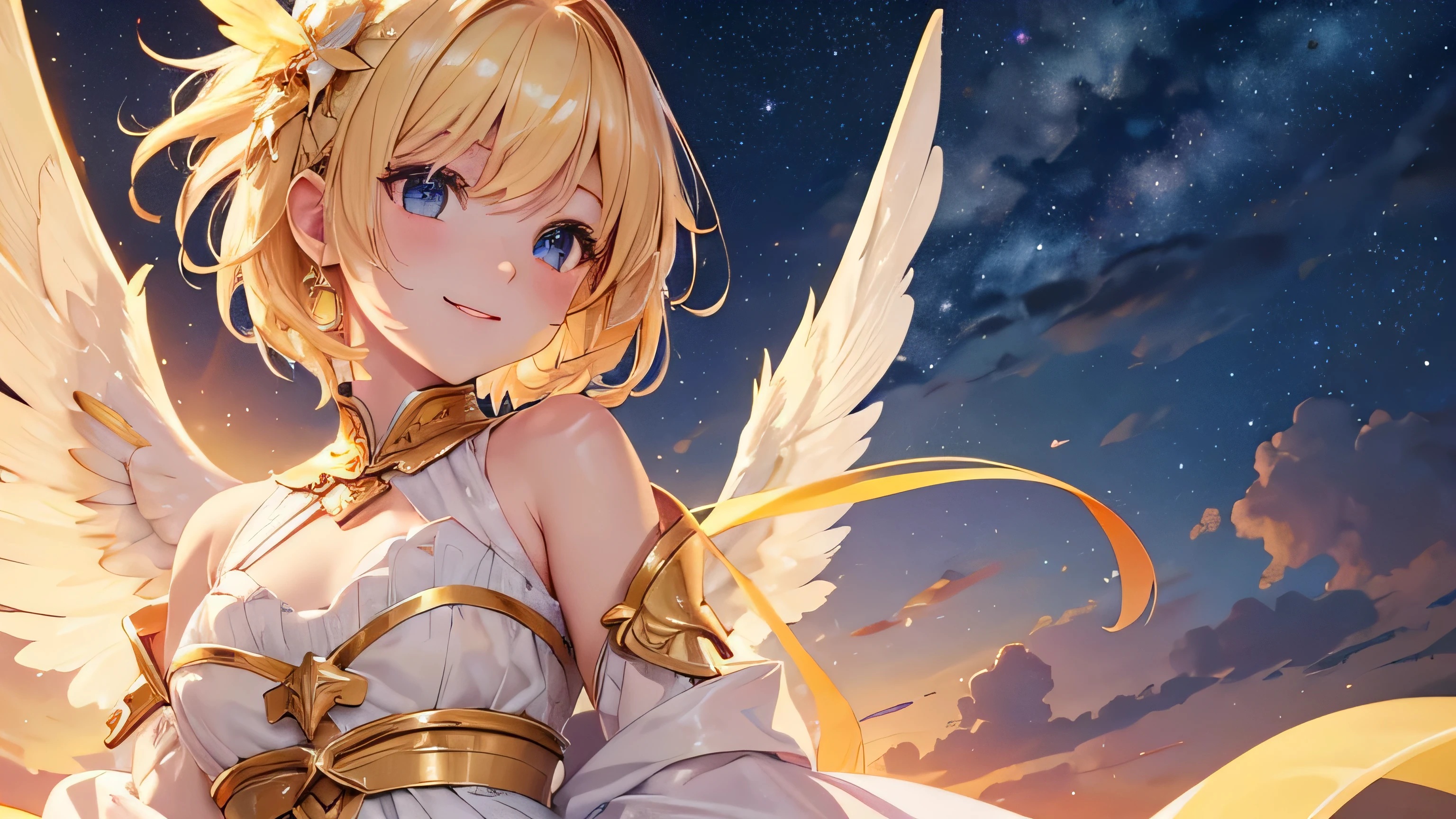{Masterpiece、Highest quality、8K resolution、Ultra fine、Sharp focus、Depth of written boundary、Cinematic Lighting、Realistic Shadows}、A long sword wrapped in golden flames、Angel Girl、Angel Wings、Blonde、short hair、looking at the camera、White angel clothes、Baby Face、Top left patch、smile、Starry Sky、hair ornaments、Above the waist
