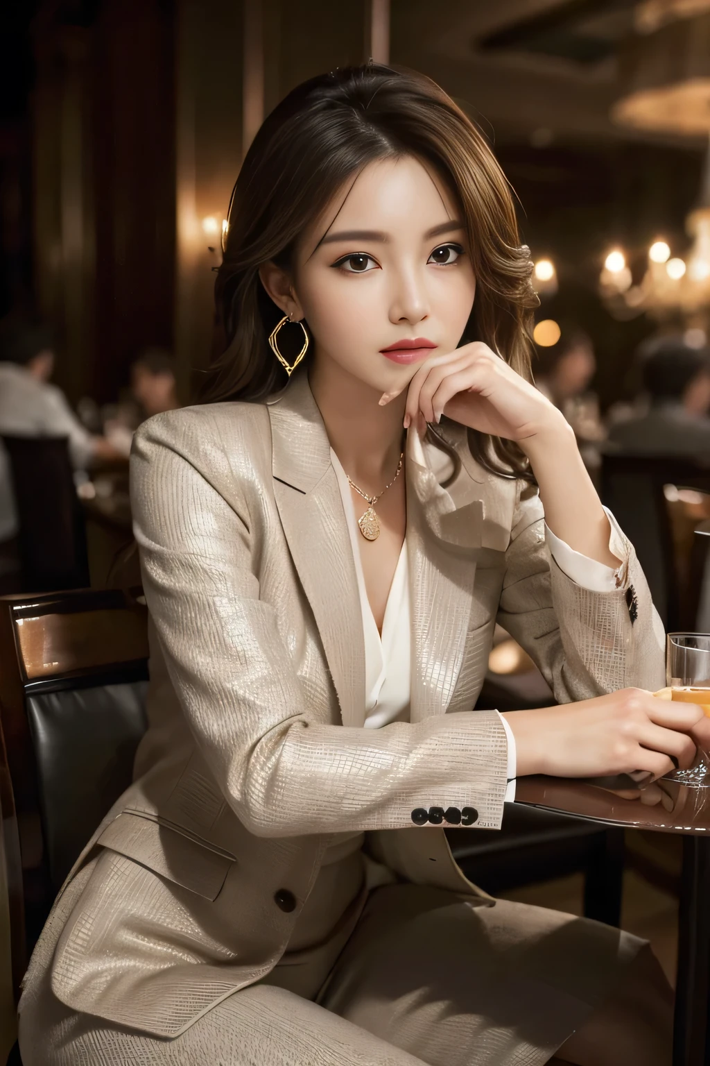 masterpiece, Highest quality, Realistic, Very detailed, Finer details, High resolution, 8k wallpaper, One beautiful woman, Wear a nice suit, In a great restaurant, At night, Light brown messy hair, Perfect dynamic composition, Beautiful and beautiful eyes、Big earrings、Sit on a chair