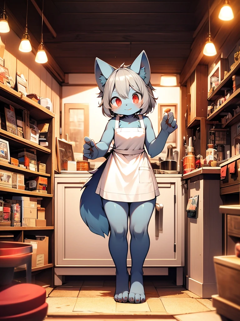 (Blue fur, Fine fur, Red eyes, Gray Hair, cute), Are standing, Masterpiece, High resolution, 8K, Detailed Background, high quality, girl, woman, (Dagashi: 1.1), alone, Naked Apron