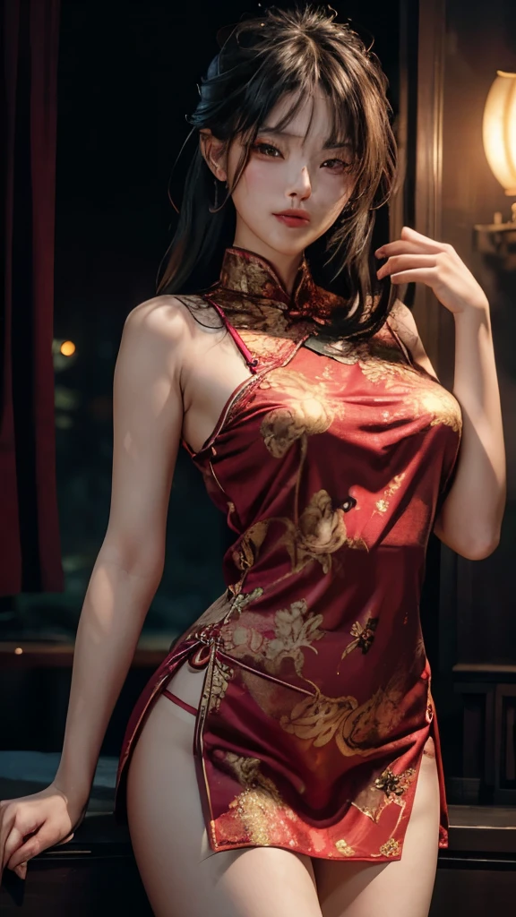 Adorned with a breathtaking fusion of Eastern and Western aesthetics, the Enchanting Eurasian Catgirl shines resplendently in a Silk and Lace Evening Cheongsam, evoking a mesmerizing balance of tradition and modernity. Her silhouette, ethereally slender, gracefully transitions into an alluring display of curvaceous charms that are both tasteful and seductive. Arms raised up high, the lace Cheongsam cascades down her body, the sheer and intricate patterns shimmering under the soft glow of the lights, reminiscent of the autumn leaves swaying in the breeze. Sweat beads upon her skin
