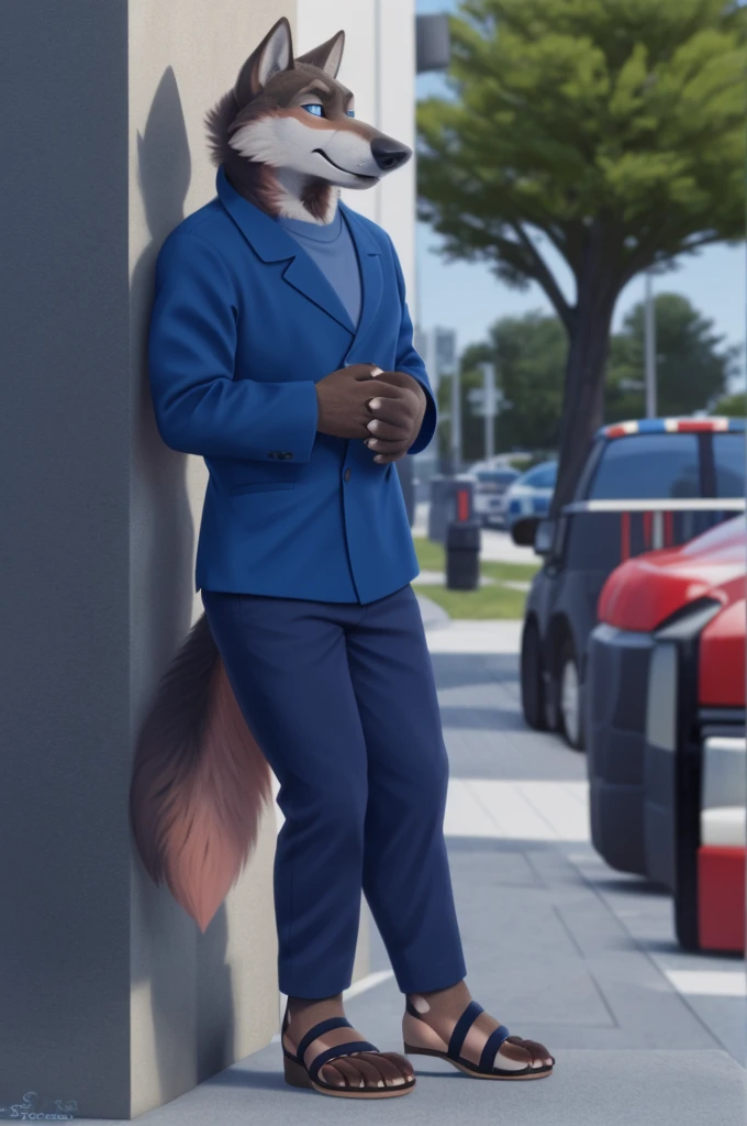 Emilia (Zveropolis), wolf, Gray Fur, (brown body:1.3), Blue eyes, Zveropolis, dressed,blue jacket,shirt,blue pants,red,women&#39;s sandals,female breast,canine, Wolf, Detailed fur, Female, antro, paw pads, finger claws, At the viewer, 5 fingers, paws, 5 fingers,sitting in office working,mood,open mouth, flash cameras, loves,розовые women&#39;s sandals, 
BREAK from nextel, for dating, by xenoforge, (difficult, high detail, film photography, soft focus, RAW, fluororealism, realistic, photorealistic, analog style, Subsurface scattering,hesitates to wear sandals with heels, 
masterpiece, Best quality, ultra realistic, 8 k)