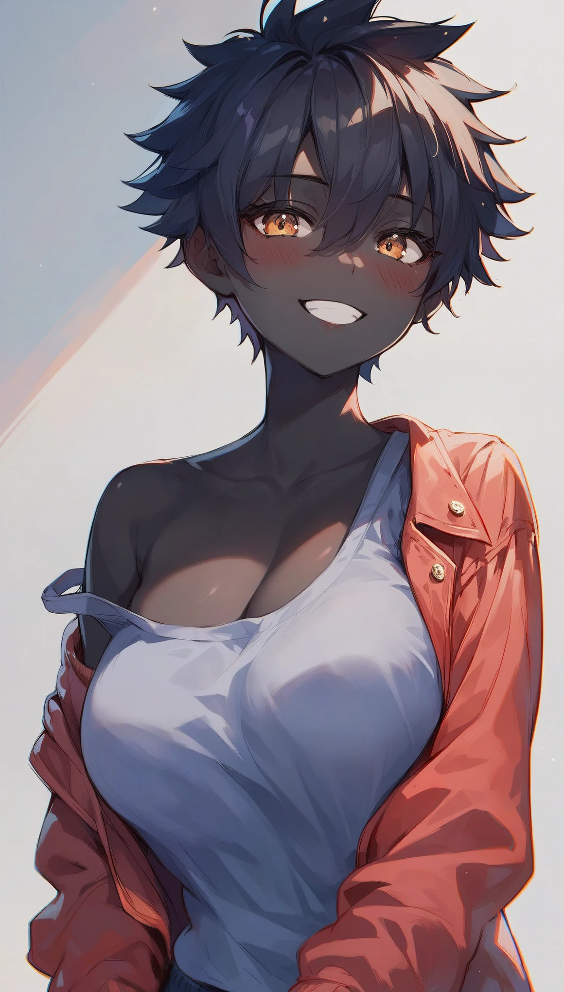 score_9,score_8_up,score_7_up,source_anime,solo,1girl,((black skin:1,8)),tomboy,casual chlotes,smile,look the viewer,blush,shy,big breast,((focus on the details)),((beautifull:1,9)),