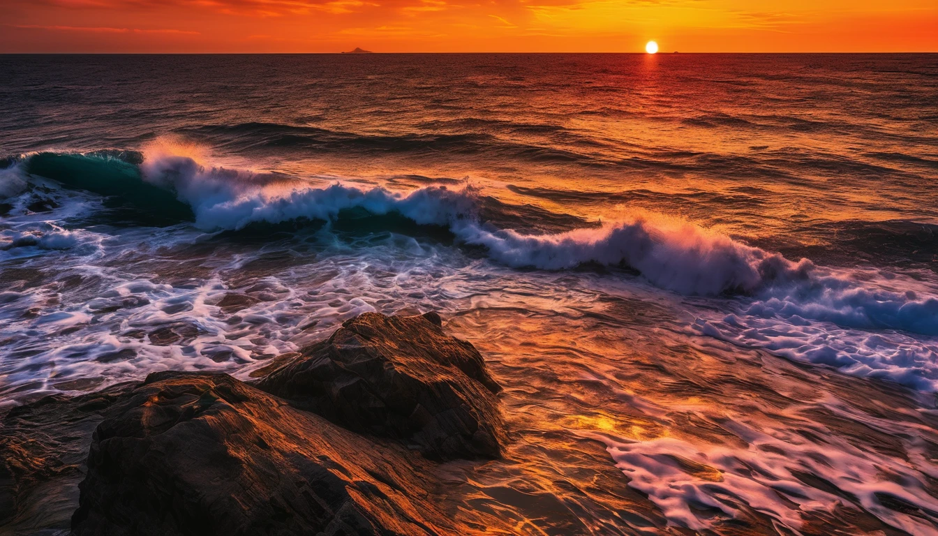 arafa view of a sunset over the ocean with waves crashing, chaotic sea scenery, vibrant sunrise, breathtaking colors, breathtaking look, vibrant sunset, breathtaking composition, beautiful seascapes, stunning sunset, Magnificent background, sunset glow, beautiful background, beautiful dreamy breathtaking, Marcos Adams, beautiful and hot scene, Epic sunset, Beautiful sunset, beautiful sunset glow, beautiful ocean