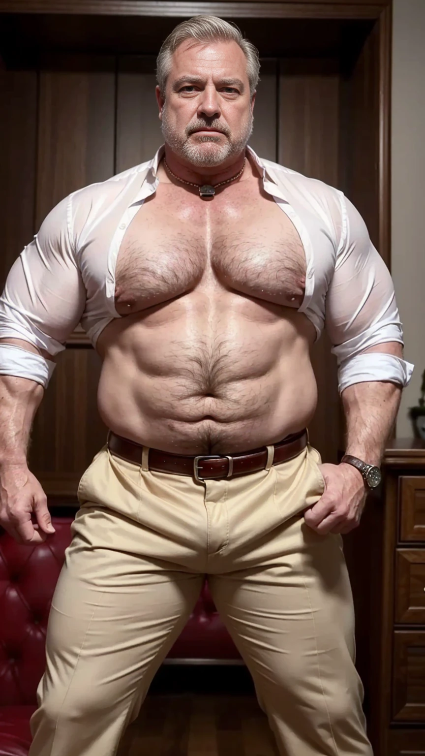 (best quality,4k,8k,highres,masterpiece:1.2), age 60, white man sheriff , horny disgusting, muscular chubby, kind, opened red silk shirt , mature daddy, Dress Pants with big bulge, hairy chest hard nipple, belt, loafer,