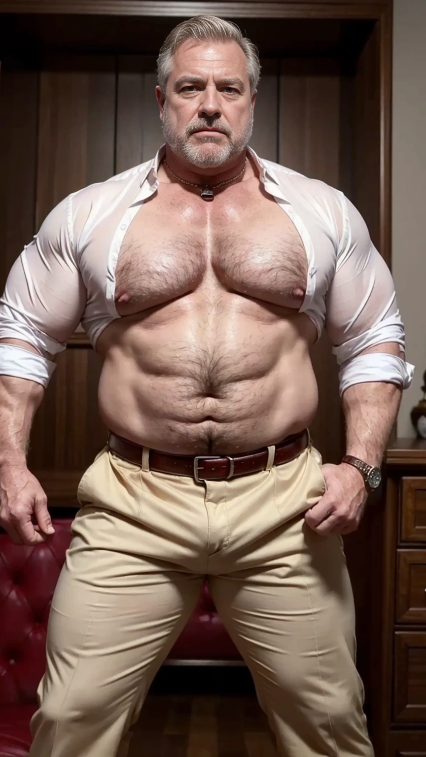 (best quality,4k,8k,highres,masterpiece:1.2), age 60, white man sheriff , horny disgusting, muscular chubby, kind, opened red silk shirt , mature daddy, Dress Pants with big bulge, hairy chest hard nipple, belt, loafer,