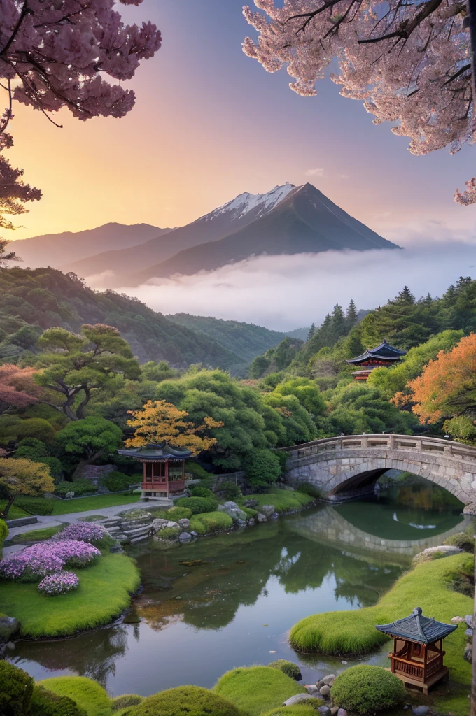 **Prompt:**
Please describe a heart-wrenching landscape from a Studio Ghibli world, evoking an otherworldly atmosphere:
1. **Setting**: An old Japanese village surrounded by beautiful nature. The village features moss-covered stone bridges, bamboo groves, and a flowing stream, with flowers blooming throughout the seasons.
2. **Time of day**: Dusk. The sky transitions from orange to purple, and the soft light envelops the scenery.
**Details**:
- In the background, there is a large cherry blossom tree with petals dancing in the wind.
- An ancient shrine with a moss-covered torii gate stands nearby.
- The gentle sound of the stream and the wind can be heard.
- In the distance, mountains are visible with a light mist covering their peaks.
Based on this prompt, please describe a heart-wrenching landscape from a Studio Ghibli world, evoking an otherworldly atmosphere.
---
This prompt should guide the creation of a vivid, otherworldly Ghibli-like scene.