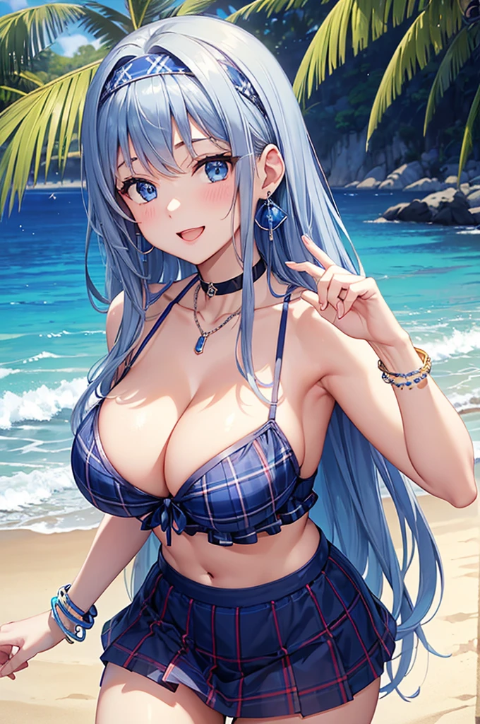 Highest quality、Highest quality、masterpiece、(8K),Beauty(Age 25)、Navy blue long hair、blue eyes、Sexy Bikini(Plaid)、Big cleavage、(Big Breasts)、smile、blue necklace、Blue Earrings、background(Beach)、Please open your mouth wide、White headband、bracelet、Chest-pushing pose、Blue choker