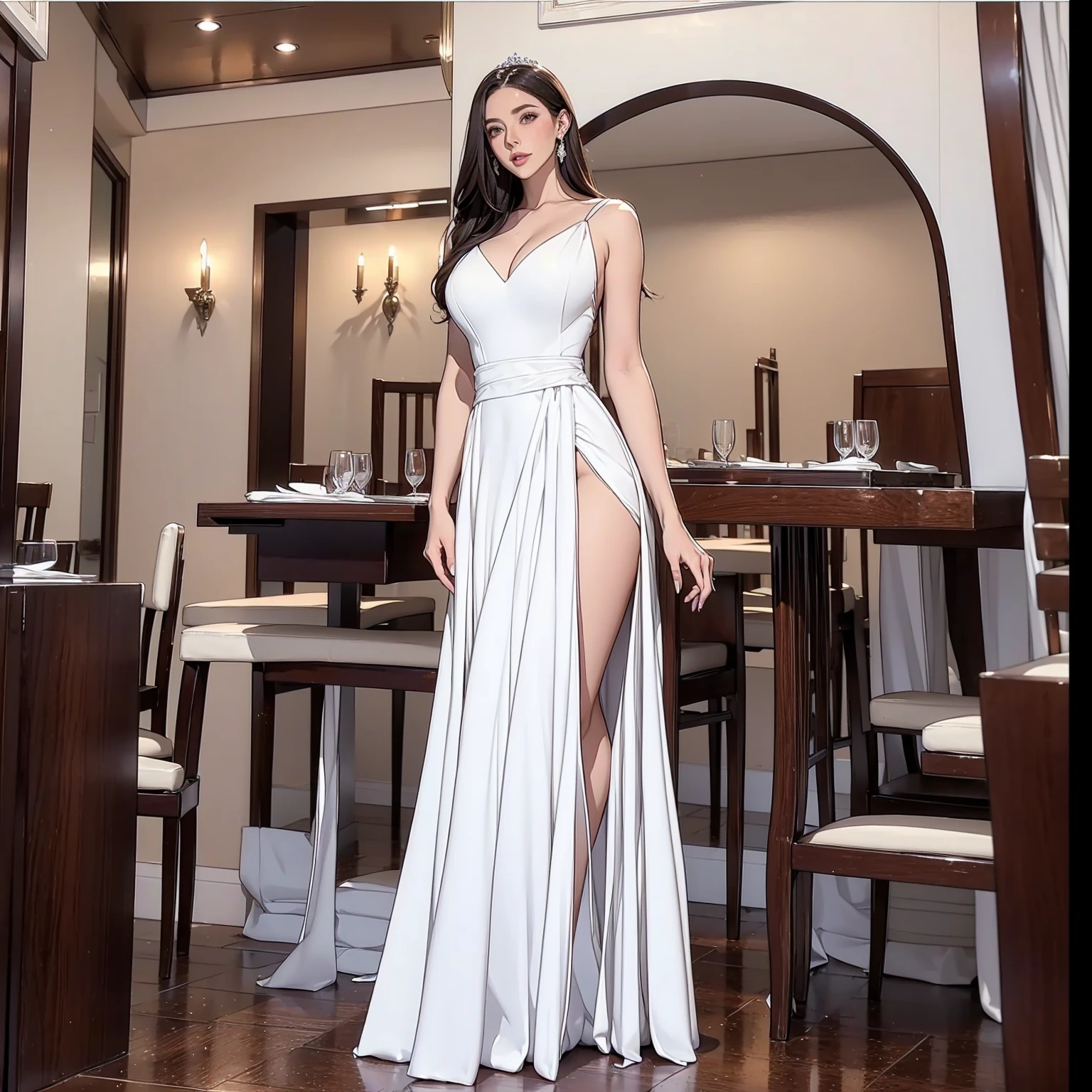araffe woman in a white dress standing in a restaurant, white gown, sexy gown, long white dress, wearing long gown, full body white dress, in a long white dress, wearing white dress, elegant white dress, wearing a white flowing dress, wearing an evening gown, wearing an elegant dress, beautiful long white dress, wearing along white dress