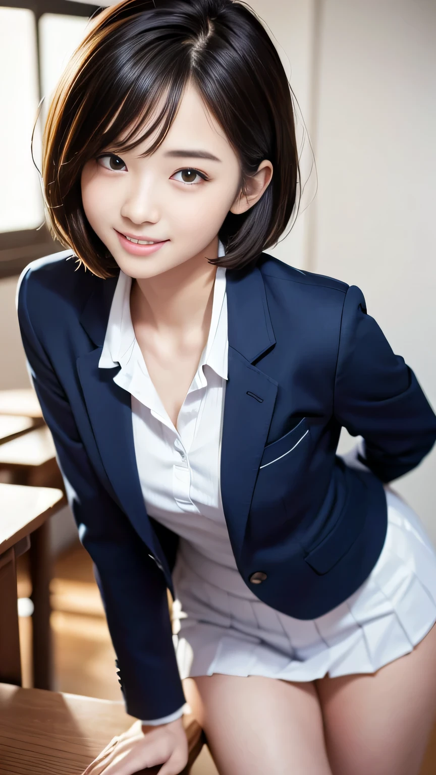 Masterpiece、Best Quality、Illustration、 Super detailed、Fine details、 High resolution、8K Denden Wallpaper、Perfect dynamic composition、17 year old beautiful girl、A neat and clean high school girl、Detailed beautiful face、Detailed beautiful eyes、Textured skin、A shy smile、Short Hair、Small breasts、Bold sexy pose、Navy blue school blazer uniform、