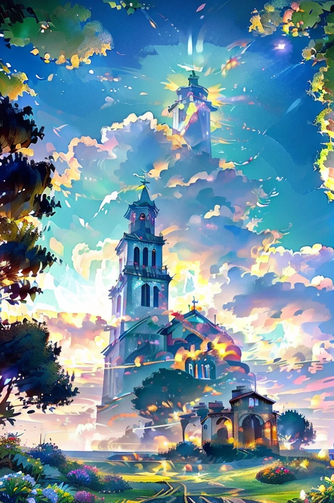 Medieval Catholic church on the mountain, View of the sea, surrounded by lush vegetation in a valley of flowers, rise sun, with rays of light, slightly misty day, Ultra -HD, 真实感, cinematic light, detailed back ground, swirly vibrant colors, conceptual artwork