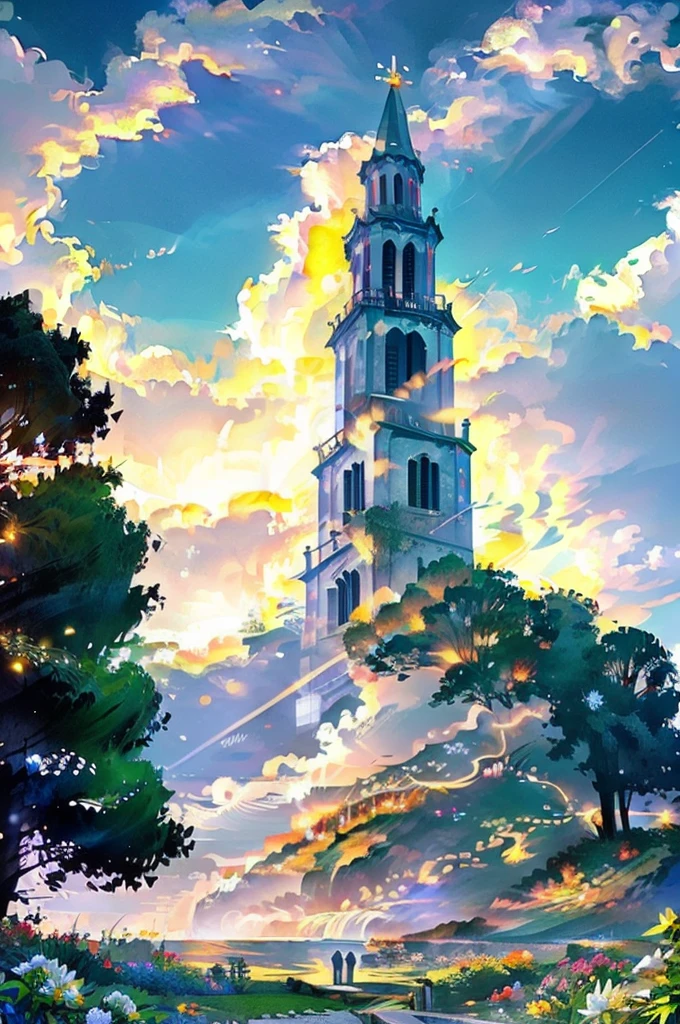 Medieval Catholic church on the mountain, View of the sea, surrounded by lush vegetation in a valley of flowers, rise sun, with rays of light, slightly misty day, Ultra -HD, 真实感, cinematic light, detailed back ground, swirly vibrant colors, conceptual artwork