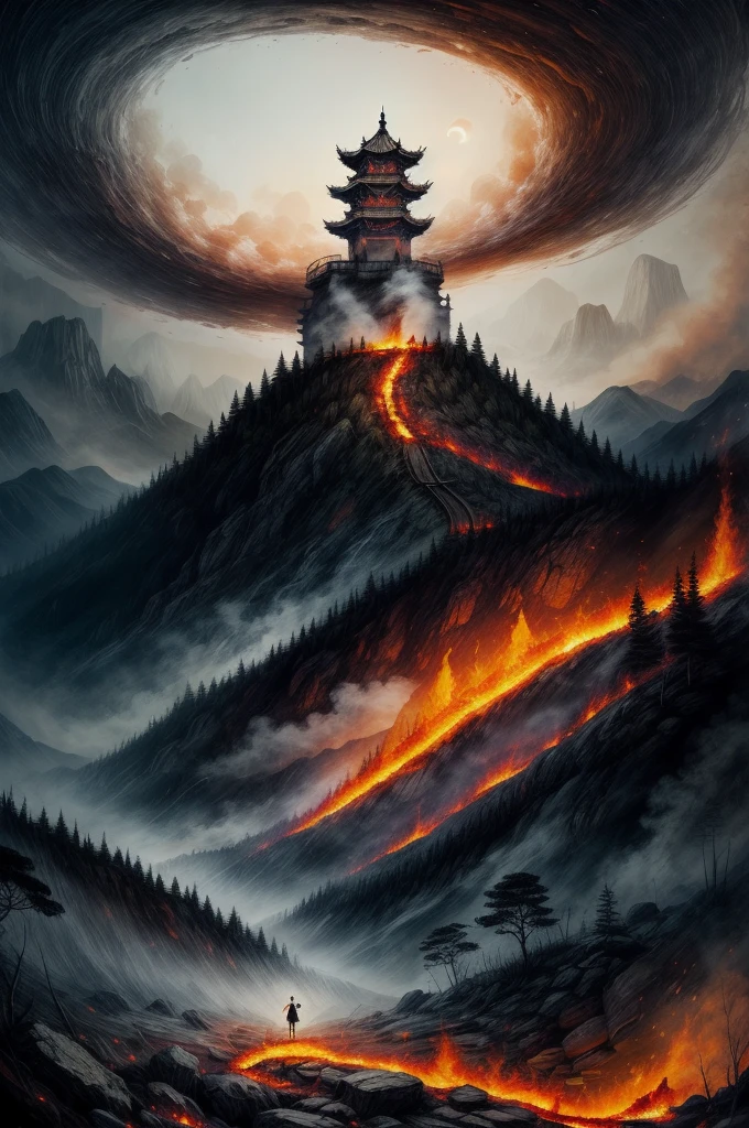 In the depths of the flames, A burning dark and mysterious tower unfolds, A figure lingers there., Lost in a mysterious dreamscape of ancient Chinese city walls: surreal