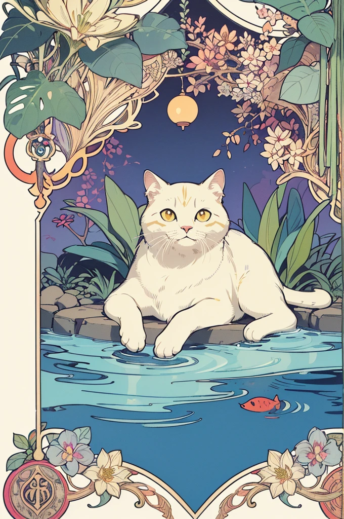 poster,(by mucha:1.2),((art deco,Botanical Art,Floral Art)),(floral:1.2),lily flower,
(masterpiece, highest quality),(vibrant colors,colorful),(amazing details,detailed background),anatomically correct,Accurate drawing,Detailed drawing,high-class sense,
A cat wearing goggles is lying on the edge of an outdoor swimming pool, with its front paws hanging over and holding onto the side. The background features lush plants and blue water, creating a bright atmosphere. It has a close-up shot, flat illustrations, and a simple color scheme. The cat is depicted in the style of Japanese anime.