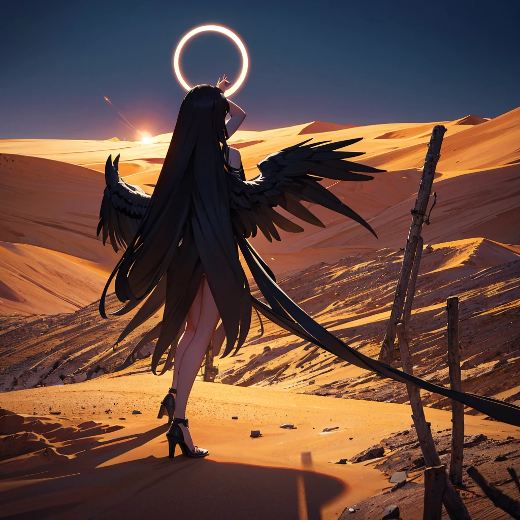 A black angel in the middle of the desert, during an eclipse, character in the center of the image